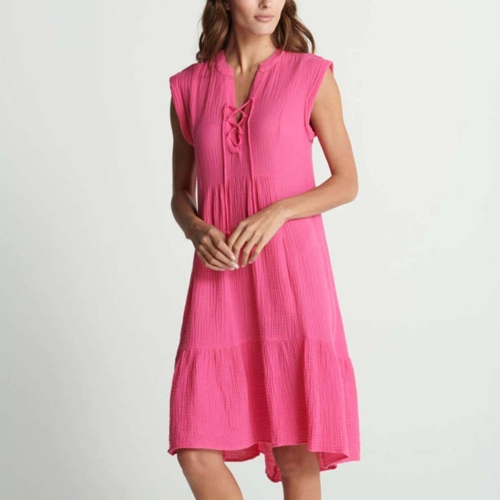 Sundays Ari Gauze Cotton Midi Dress Medium Lace Up Hot Pink Beach Resort Boho